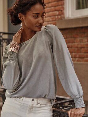 J.Jill Mixed Media Top | Ash Puff Sleeve Smocked Cuff | NWT | 2X